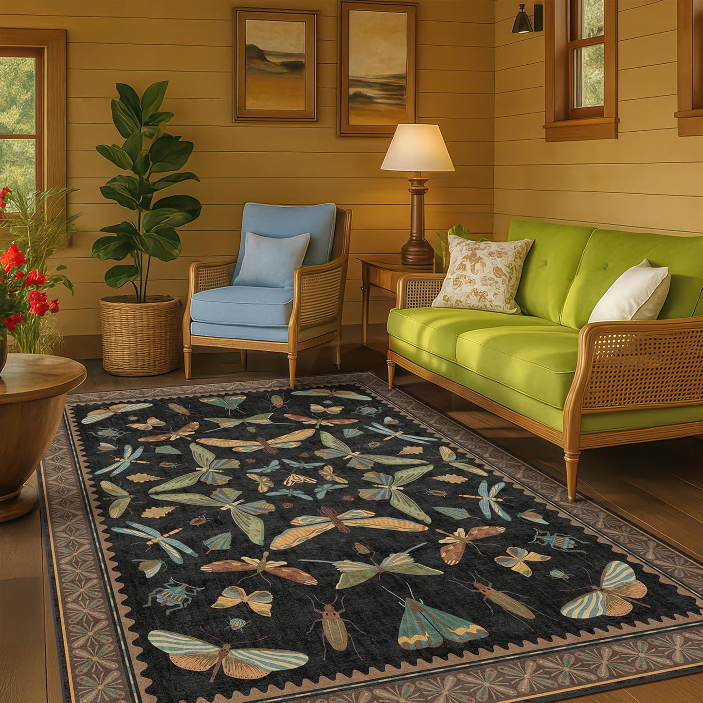 5x8 Black Rug for Bedroom - Boho Large Entryway Rug for Living Room, Under Small Dining Table, Dark Vintage Insect Witch Bug Decor, Washable Low Pile Waterproof Non Slip & Stain Resistance