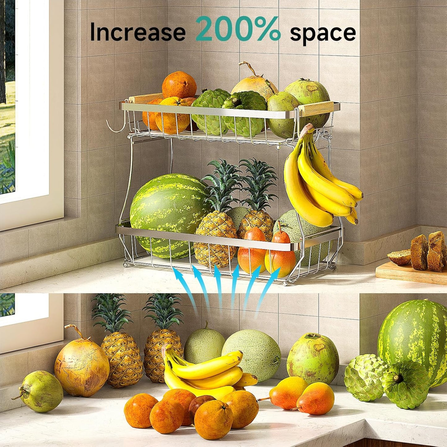 3 Tier Fruit Basket for Kitchen Counter with 2 Mobile Banana Hangers, 2025 Pro Detachable Metal Fruit Bowl with Wooden Handle, Fruit Holder for Bread Snack Veggies, Silvery