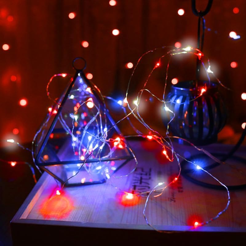 4th of July Decorations, 4-Pack Red White and Blue Fairy Lights Battery Operated with Timer, Waterproof 16FT 50 LED Starry String Lights Indoor Outdoor for Independence Day Memorial Day DIY Home Decor