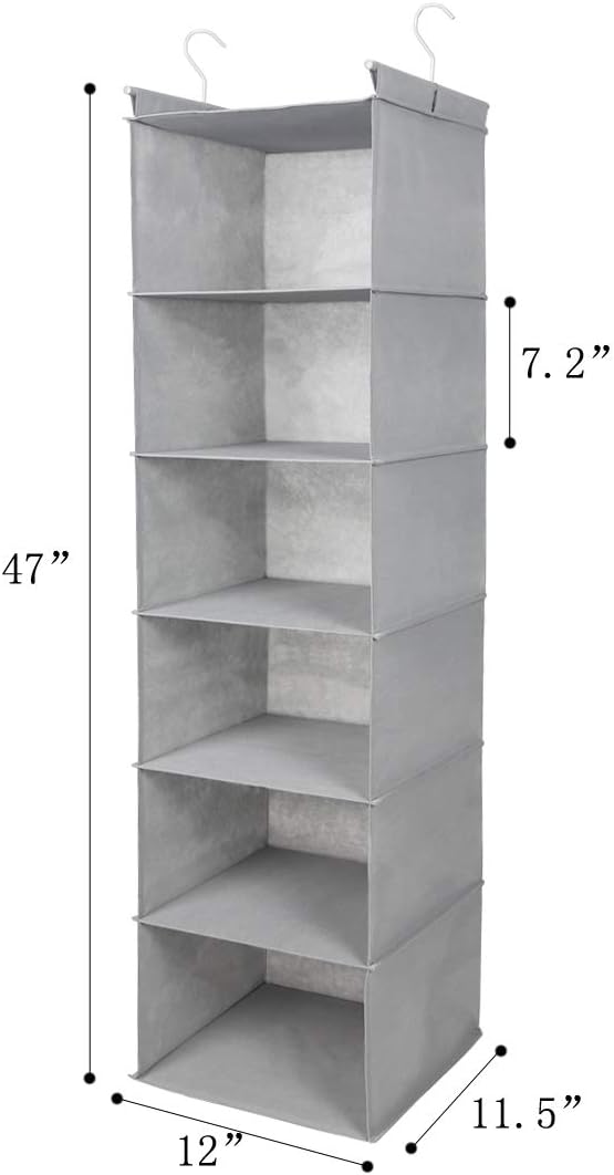 MAX Houser 6 Tier Shelf Hanging Closet Organizer, Closet Hanging Shelf with 2 Sturdy Hooks for Storage, Foldable (Light Grey)