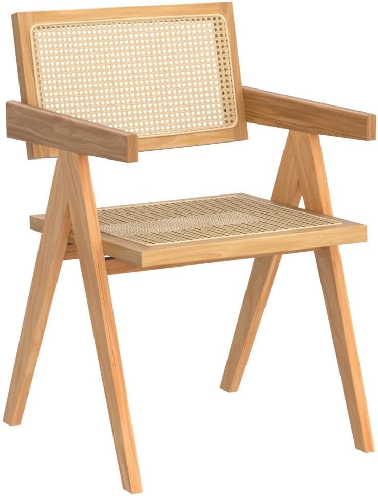 Rattan Dining Chairs Set of 4, Wooden Armchair Cane Kitchen Chairs with Arms, Light Walnut Color