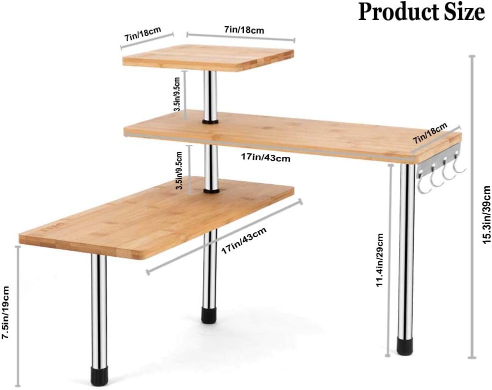 HYNAWIN Corner Shelf, 3 Tier Bamboo & Metal Storage Spice Rack-Desk, Space Saving Bookshelf with Hooks, Adjustable Display Shelf for Creative Home Décor Kitchen, Bedroom, Office (21CO)