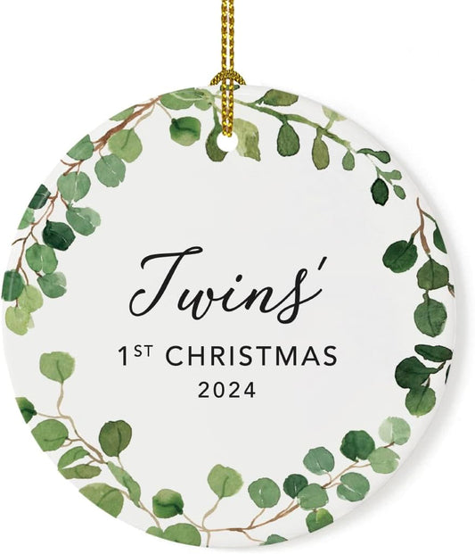 Andaz Press Custom Year Round Ceramic Porcelain Christmas Tree Ornament Keepsake Collectible Gift, Twins' 1st Christmas 2024, Farmhouse Eucalyptus Wreath, 1-PackTwin