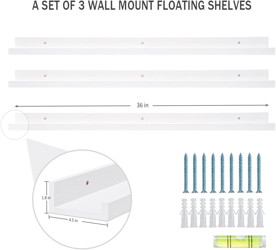 AZSKY 36 Inch Floating Shelves with Ledge White Natural Wood Picture Ledge Shelf 3 Pack Floating Shelf Picture Frame Holder for Bedroom Bathroom Living Room Kitchen Same Sizes