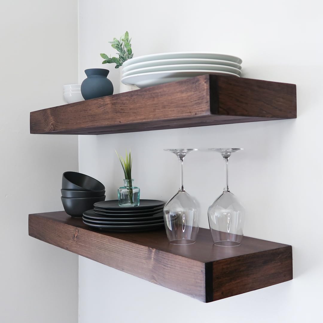 Modern Floating Shelves 3 Inches Thick for Wall, Wide Shelves for Kitchen, Living Room, Bedroom, and Bathroom, Natural Pine Wood, Rustic Wooden Shelf, (Set of 2) (Provincial, 24Lx3Hx6D)