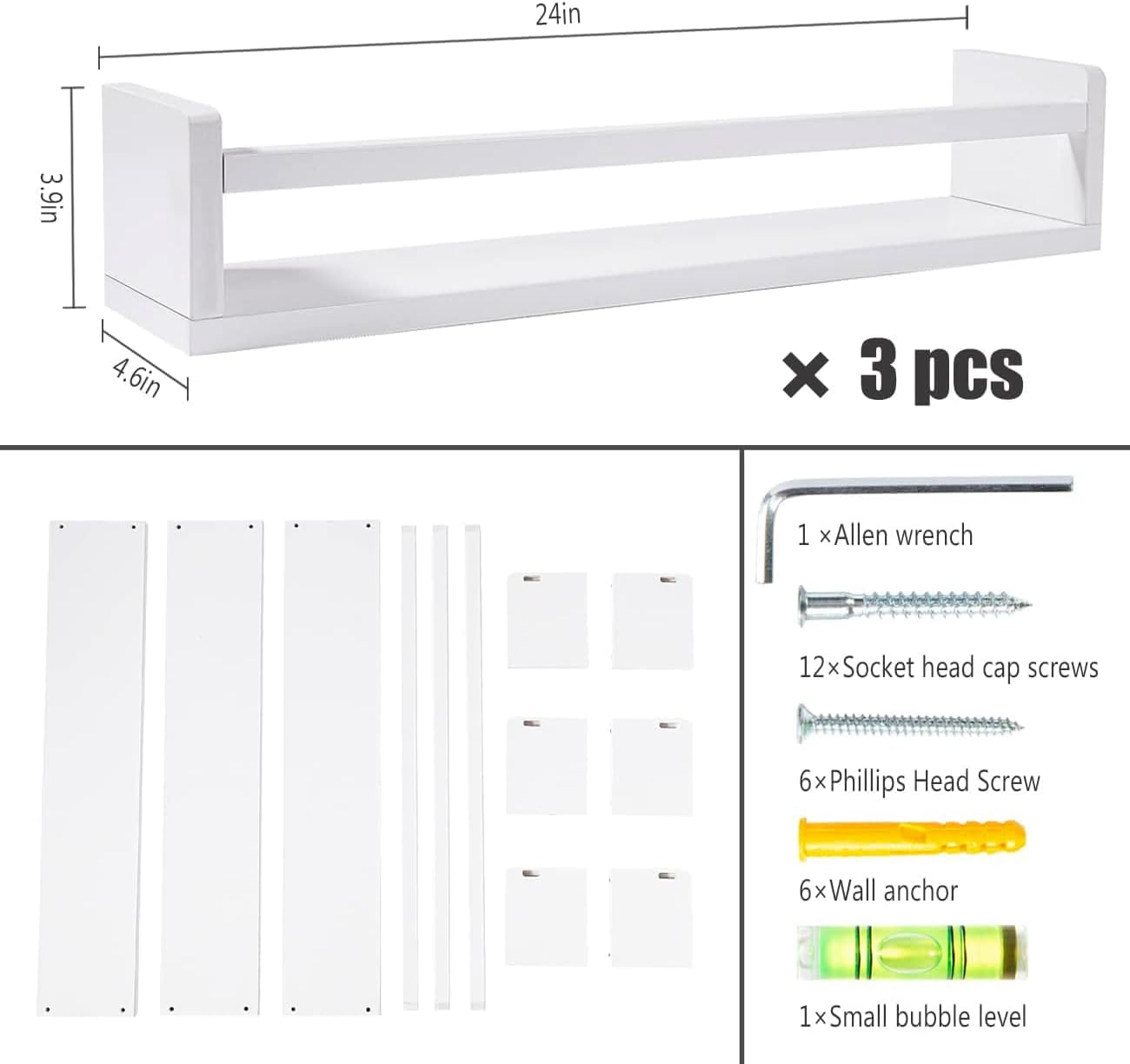 AZSKY Nursery Bookshelves White, 24 Inch Floating Bookshelves for Wall Set of 3, Baby Kids Decor, Solid Wood Wall Mounted Shelves for Books, Toys and Decor Storage