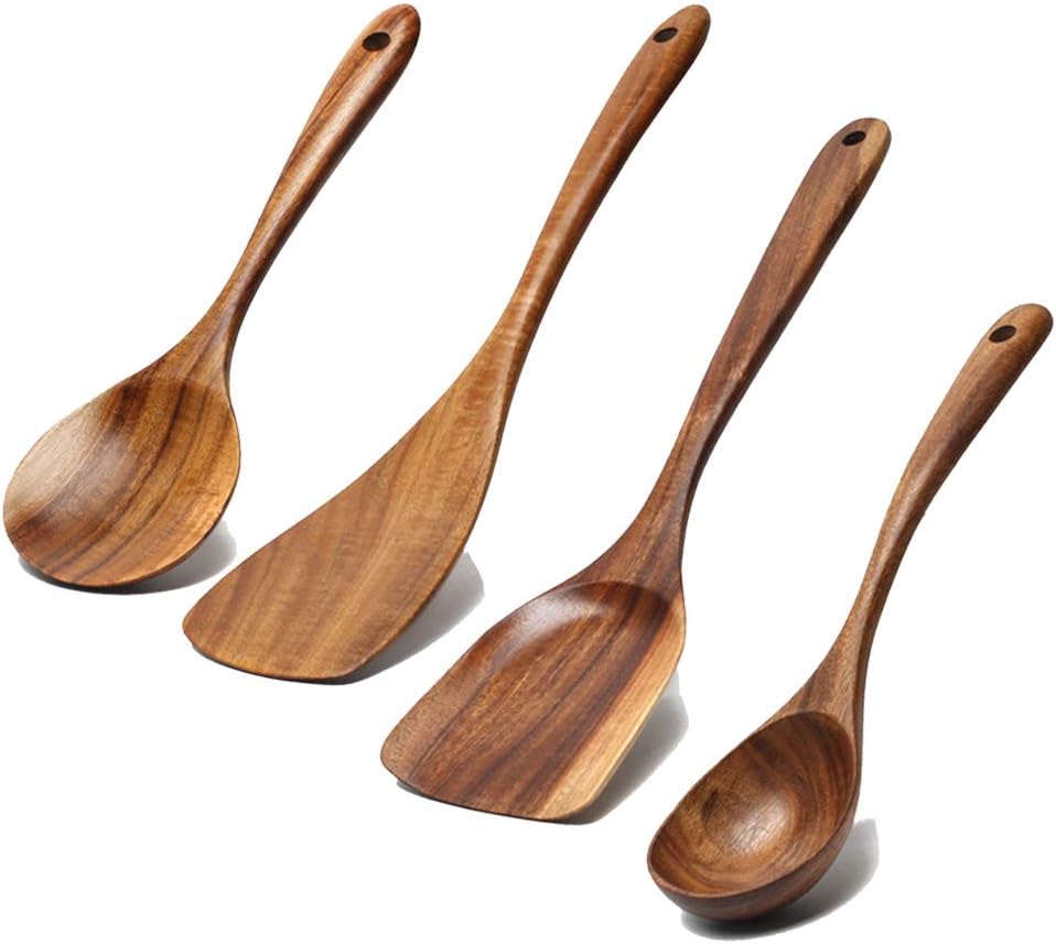 5 Pcs Best Wooden Spoons for Cooking Kitchen Utensils Set Acacia Wood Cooking Spatula Turner Non Toxic Utensil Slotted Serving Spoon Flat Spatulas Set Wooden Utensis Mixing Cooking Spoon Kitchen Tools
