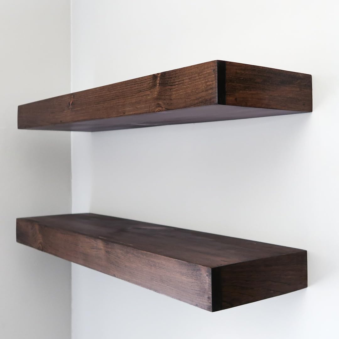 Modern Floating Shelves 3 Inches Thick for Wall, Wide Shelves for Kitchen, Living Room, Bedroom, and Bathroom, Natural Pine Wood, Rustic Wooden Shelf, (Set of 2) (Provincial, 24Lx3Hx6D)