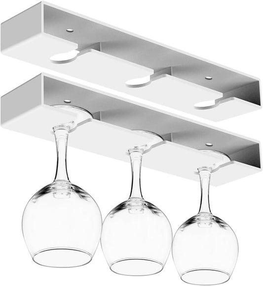 2 Pack Wine Glass Holder,Wine Glass Rack Punch-free Under Cabinet Wine Glass Holder Hanging Plastic Stemware Rack（White）