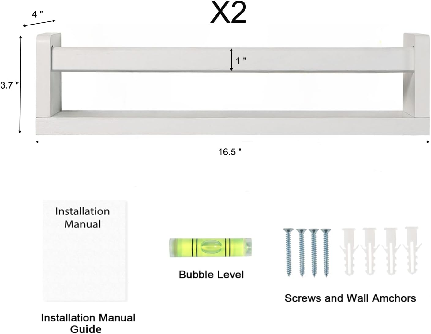 Nursery Book Shelves | Set of 2 Wood Floating Shelves for Kids Room, Kitchen Spice Rack, or Rustic Wall Mounted | Farmhouse Bathroom Décor (White)