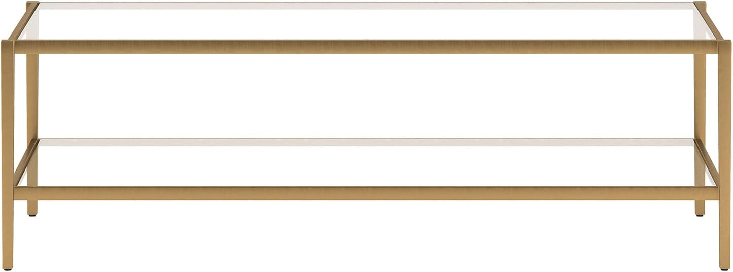 Henn&Hart 54" Wide Rectangular Coffee Table with Glass Shelf in Antique Brass, Modern coffee tables for living room, studio apartment essentials