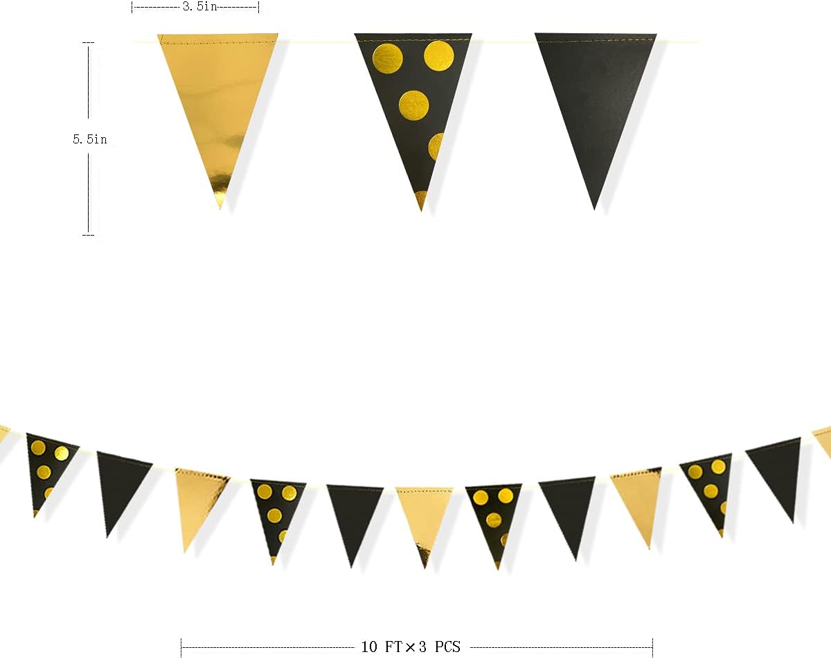 30Ft Black Gold Party Decorations Polka Dot Pennant Banner Paper Circle Dot Triangle Flags Bunting Garland for Wedding Bridal Shower Birthday Bachelorette Engagement Anniversary Holiday Party Supplies