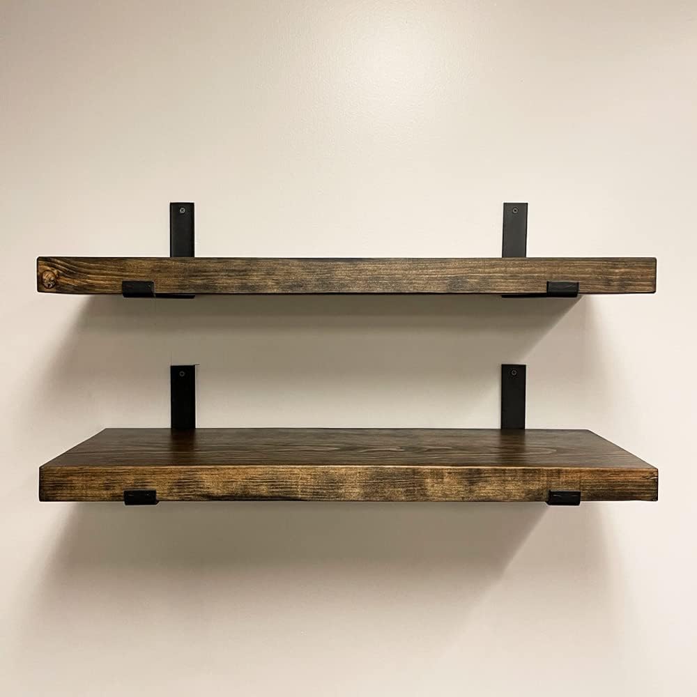 Rustic Shelves with J-Brackets Set of 2, Industrial Shelf, Kitchen Shelves, Solid Wood, Decorative Wall Storage, Heavy Duty, URBANDI (Dark Brown, 36Wx12D)