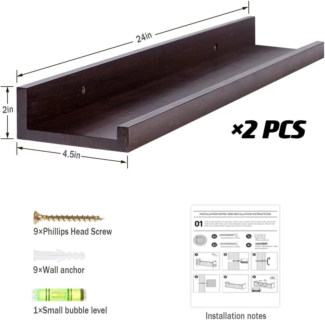 AZSKY Floating Book Shelves Wall Mounted Photo Shelf Picture Ledge Deep Walnut Display Shelves for Home Living Room Bedroom Bathroom Office Set of 2