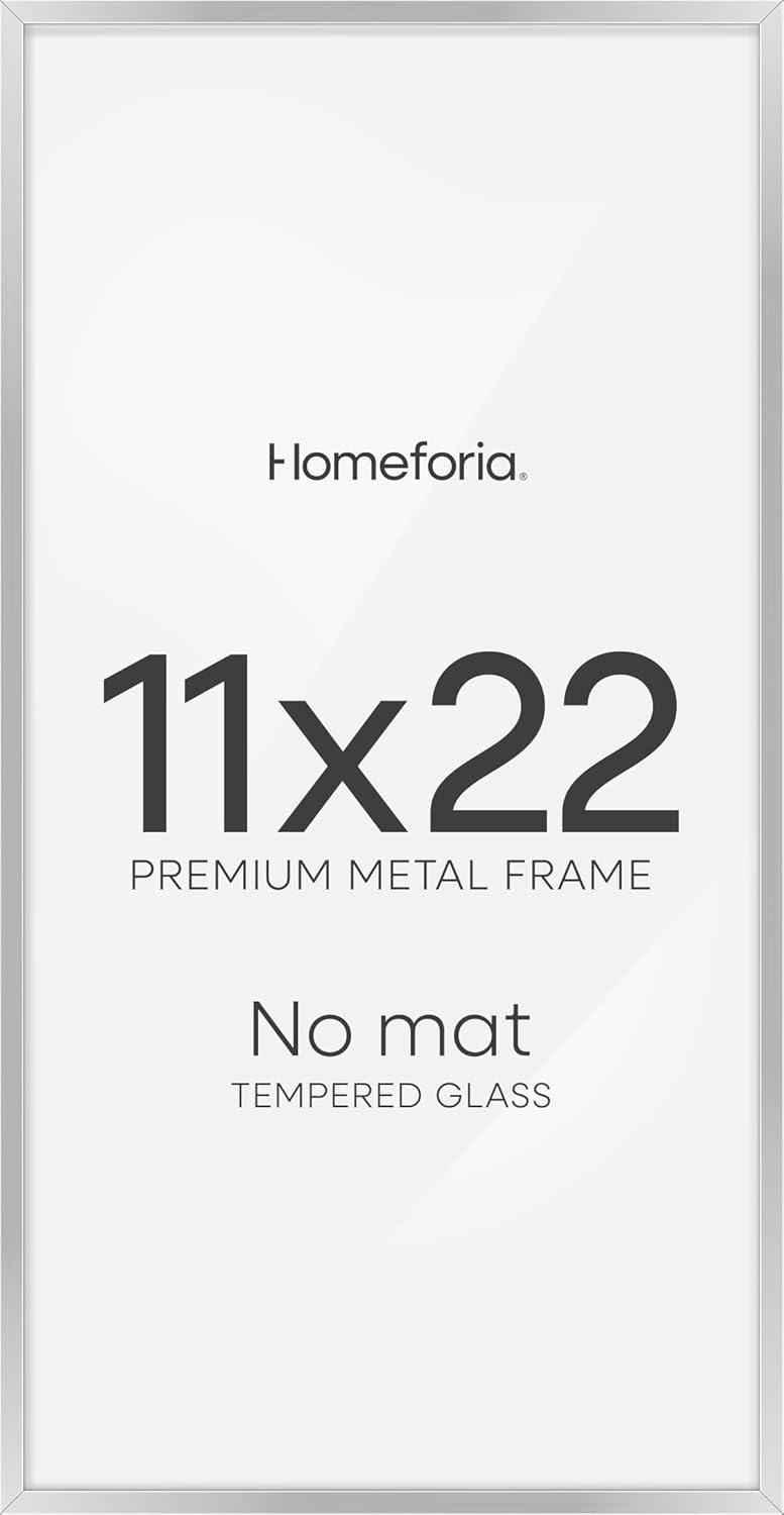 Homeforia 11x22 Newspaper Frame Silver, High End Metal 11 x 22 Picture Frame without Mat, 22x11 Thin Silver Poster Frames for Wall, 11by22 inch Display Photo Frames, Tempered Glass, Wall Kit, Set of 1