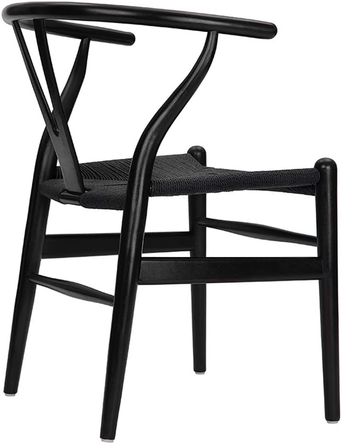 Wishbone Chair, Solid Wood Armrest Woven Seat Chair, Kitchen & Dining Chair, Wishbone Y Black Chairs - Set of 2 (Ash Wood - Black)