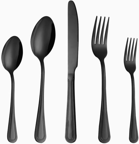 20 Pcs Black Silverware Set for 4 with Pearled Edge Handle design, Food Grade Stainless Steel Flatware Set, Eating Utensils Sets Include Fork/Knife/Spoon, Reusable Cutlery Set, Dishwasher Safe