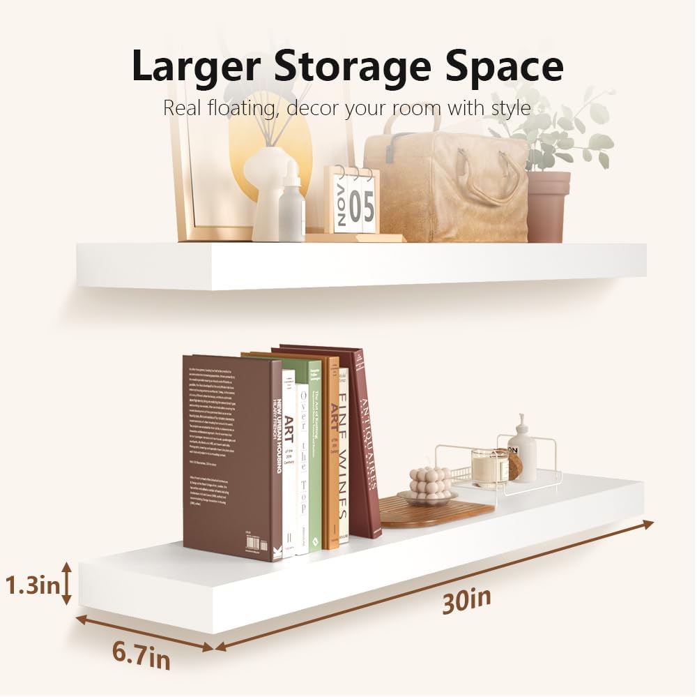 Habudda Floating Shelves for Wall, Display Shelf for Bathroom Bedroom Kitchen, Rustic Decor Pine Solid Wood Bookshelf, 30 Inch Long, Set of 2, White