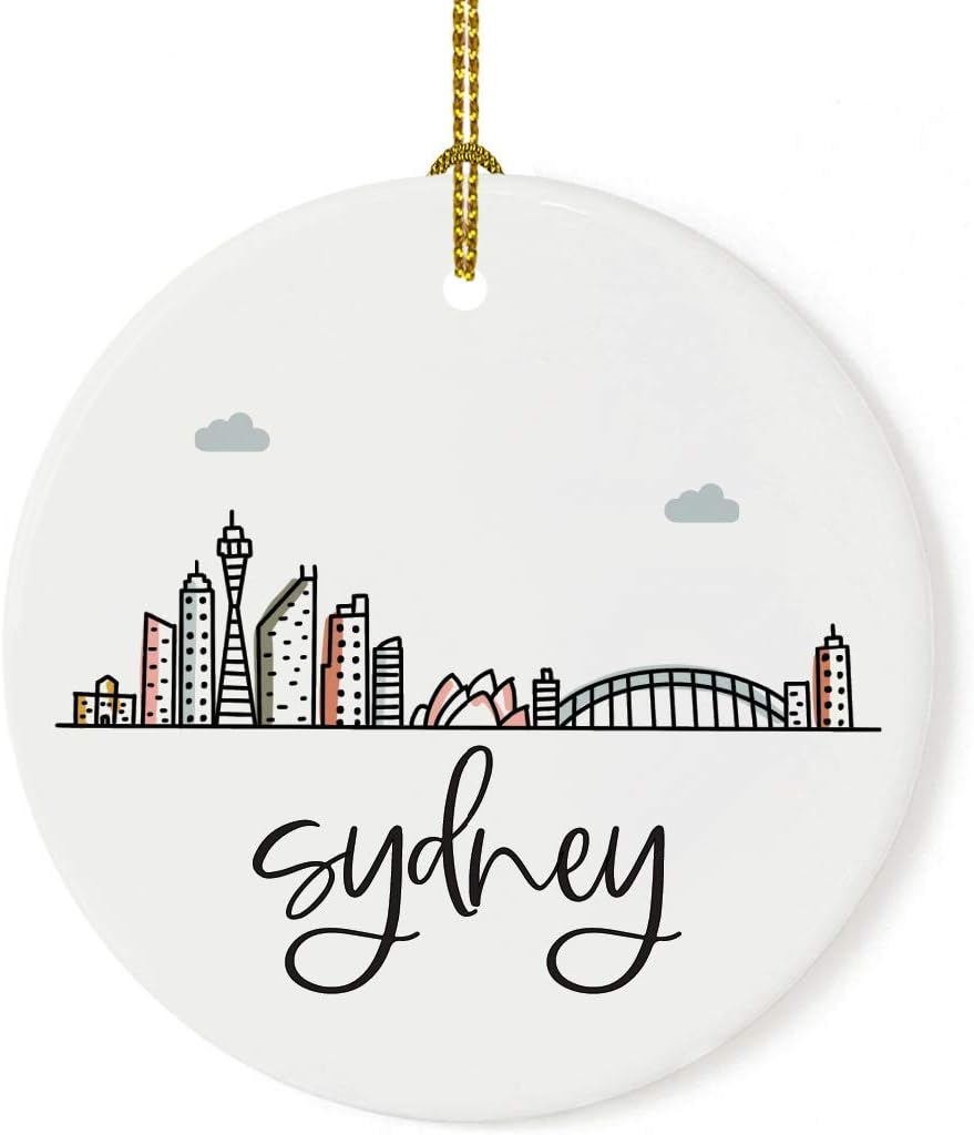 Andaz Press Round Ceramic Porcelain Christmas Tree Ornament Keepsake Gift, Sydney, Colorful International City Skyline Graphic, 1-Pack, Birthday Ideas Family Coworker Him Her, Gift Box