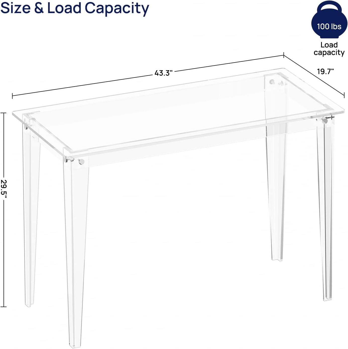 HMYHUM Acrylic Computer Desk, 43.3 Inch, Clear Study Desk for Home Office, Writing, Vanity, Modern, Easy Assembly, 19.7" W x 29.5" H, Right-Angle Legs Design