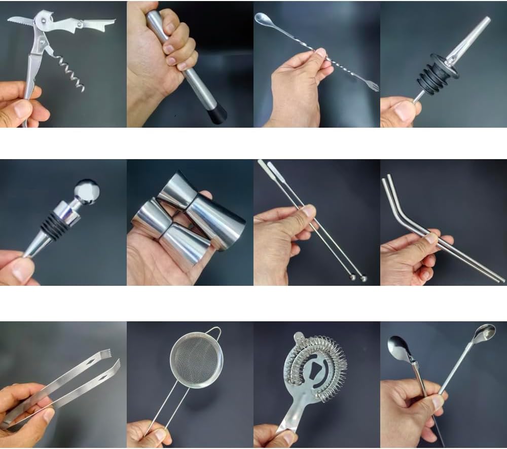 22-Piece Cocktail Shaker Set, 25/20oz Bartender Kit, Bartending Stainless Steel Bar Tools Sets for Drink Mixing, Boston Cocktail Shakers with Stand Recipes Booklet (Siver 25-20oz)