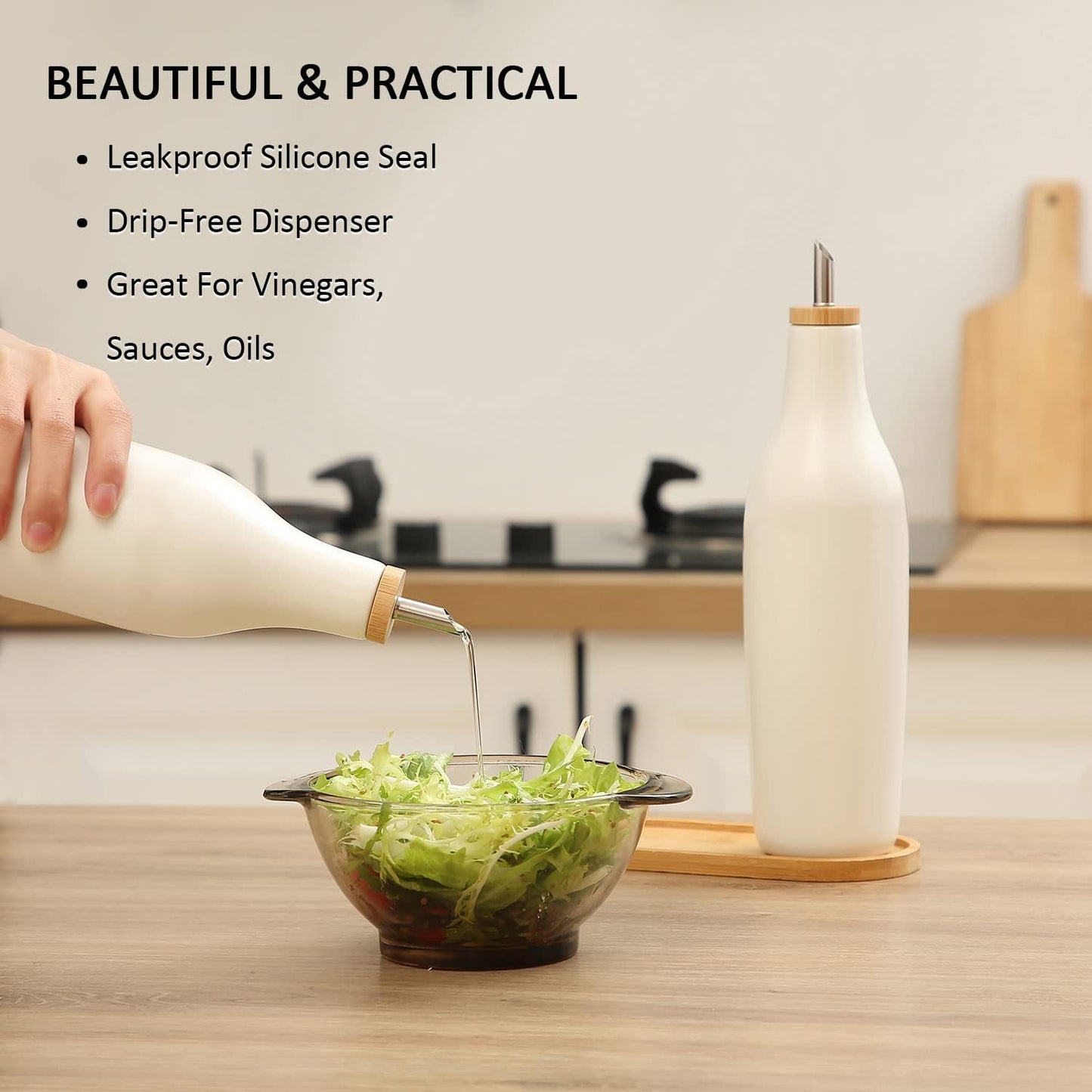 HOMCDALY Ceramic Olive Oil Dispenser for Kitchen, Stoneware 16oz Oil and Vinegar Bottles Dispenser, Kitchen Dispenser Bottle for EVOO Vinegar Syrups, Modern Farmhouse Design(W)