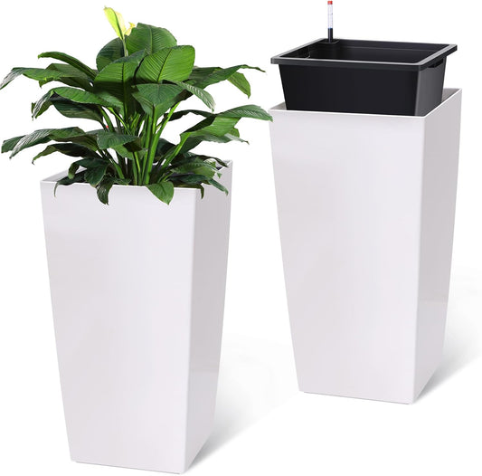30" Tall Planters Set of 2, Outdoor＆Indoor Black Planter Pots, High Front Porch Planter Pots with Drainage Holes＆Water Level Monitor Movable Wheels ＆Inner Bucket, Automatic Watering, White