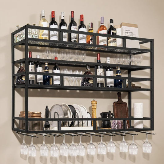 59" Large Wine Rack Wall Mounted with Bottle Glass Holder, 3-Tiers Metal Liquor Floating Shelves with LED Light, Wall Bar Shelf for Home, Restaurant, Commercial Bar, Kitchen Storage Display