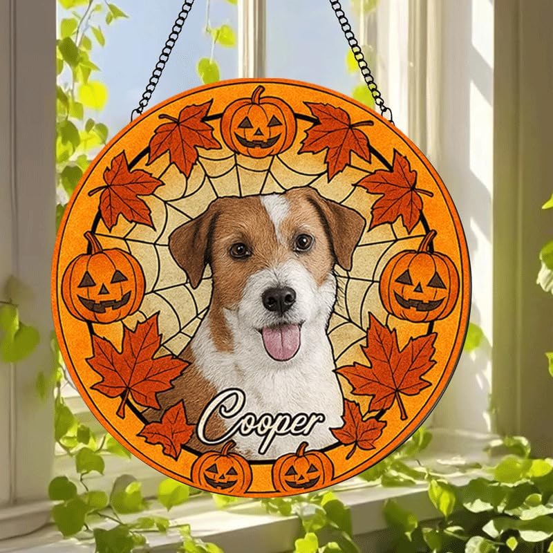 Personalized Halloween Dog Glass Window Hanging Ornament,Custom Pet Photo Ornament, Unique for Dog Lovers,Customized Pet Keepsake for Spooky Season, Fall Holiday Décor /2