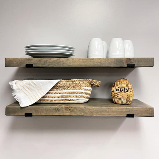 Rustic Shelves with J-Brackets Set of 2, Industrial Shelf, Kitchen Shelves, Solid Wood, Decorative Wall Storage, Heavy Duty, URBANDI (Grey, 24Wx6D)