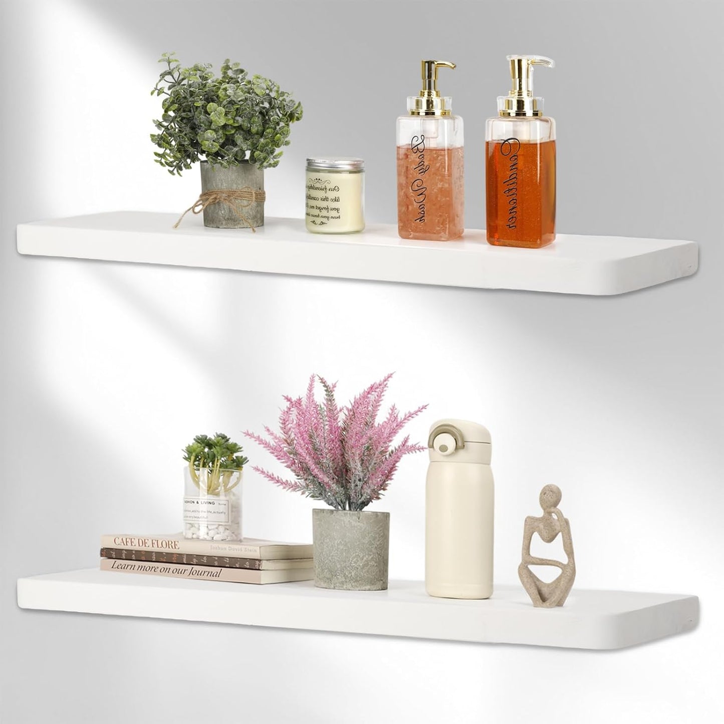 Solid Wood Floating Shelves Set of 2 - Natural, Warp & Crack Resistant 17.72 Inch Wall Shelf with Invisible Brackets Thicker, More Durable for Bathroom, Bedroom, Kitchen, Living Room (White, 17.72)