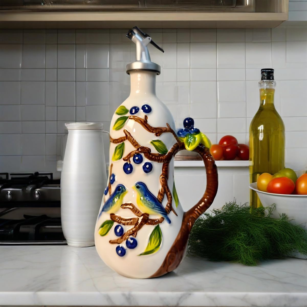 18 Oz Hand Painted Relief Ceramic Olive Oil Bottle Dispenser for Kitchen, Oil and Vinegar Bottle, Seasoning Bottle with Stainless Steel Nozzle, 540mL Oil Container with Handle for Cooking, Light Proof