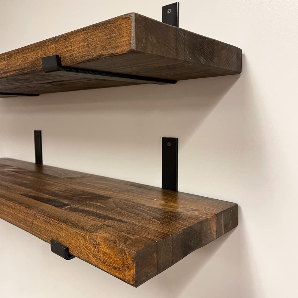 Rustic Shelves with J-Brackets Set of 2, Industrial Shelf, Kitchen Shelves, Solid Wood, Decorative Wall Storage, Heavy Duty, URBANDI (Provincial, 36Wx6D)