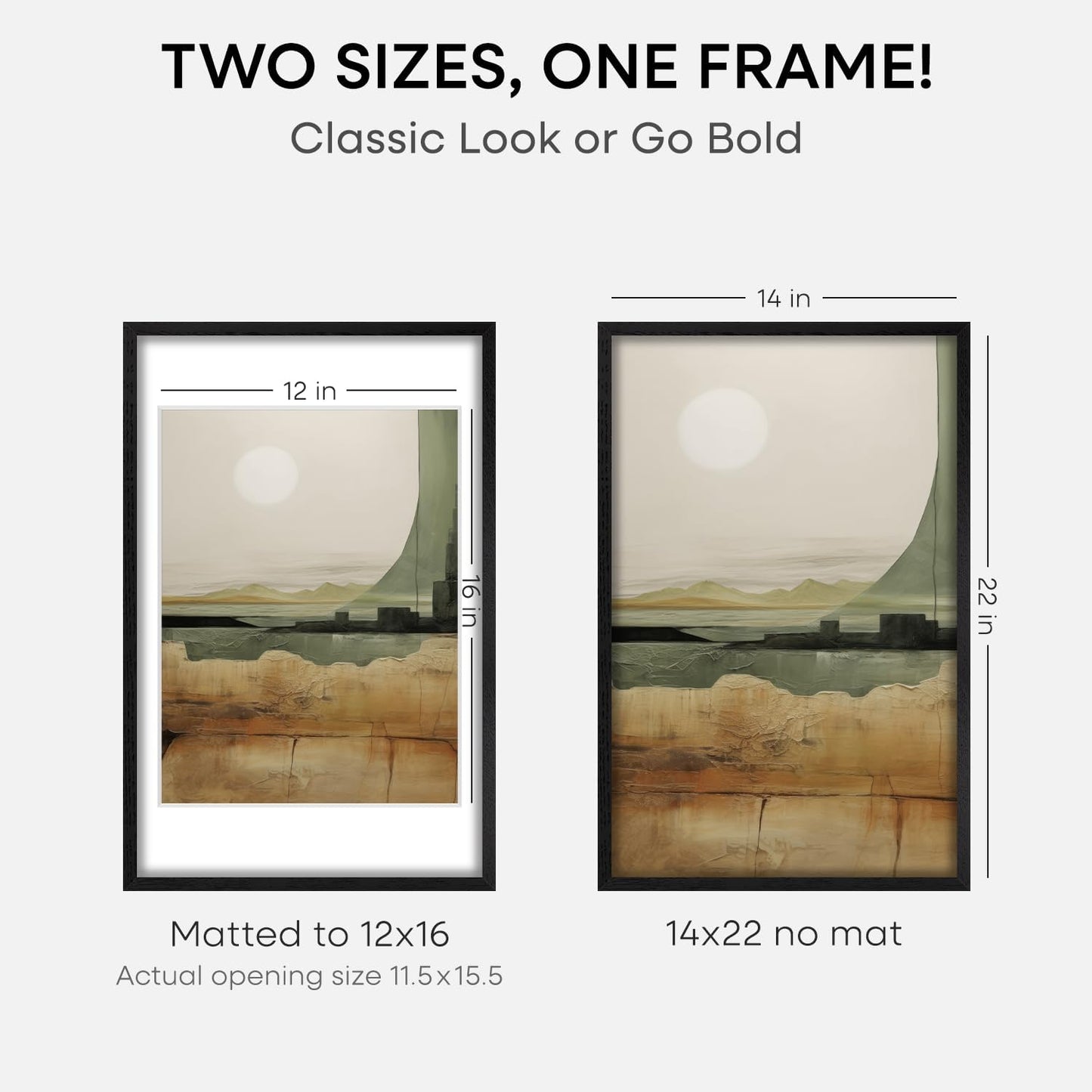 Homeforia 14x22 Frame Black Wood, High End Oak 14x22 Picture Frames with Mat 12x16 Photo, 14 x 22 Wooden Poster Frame Matted to 12 by 16 Print, 22x14 Hanging Frames, Tempered Glass, Wall Kit, Set of 1