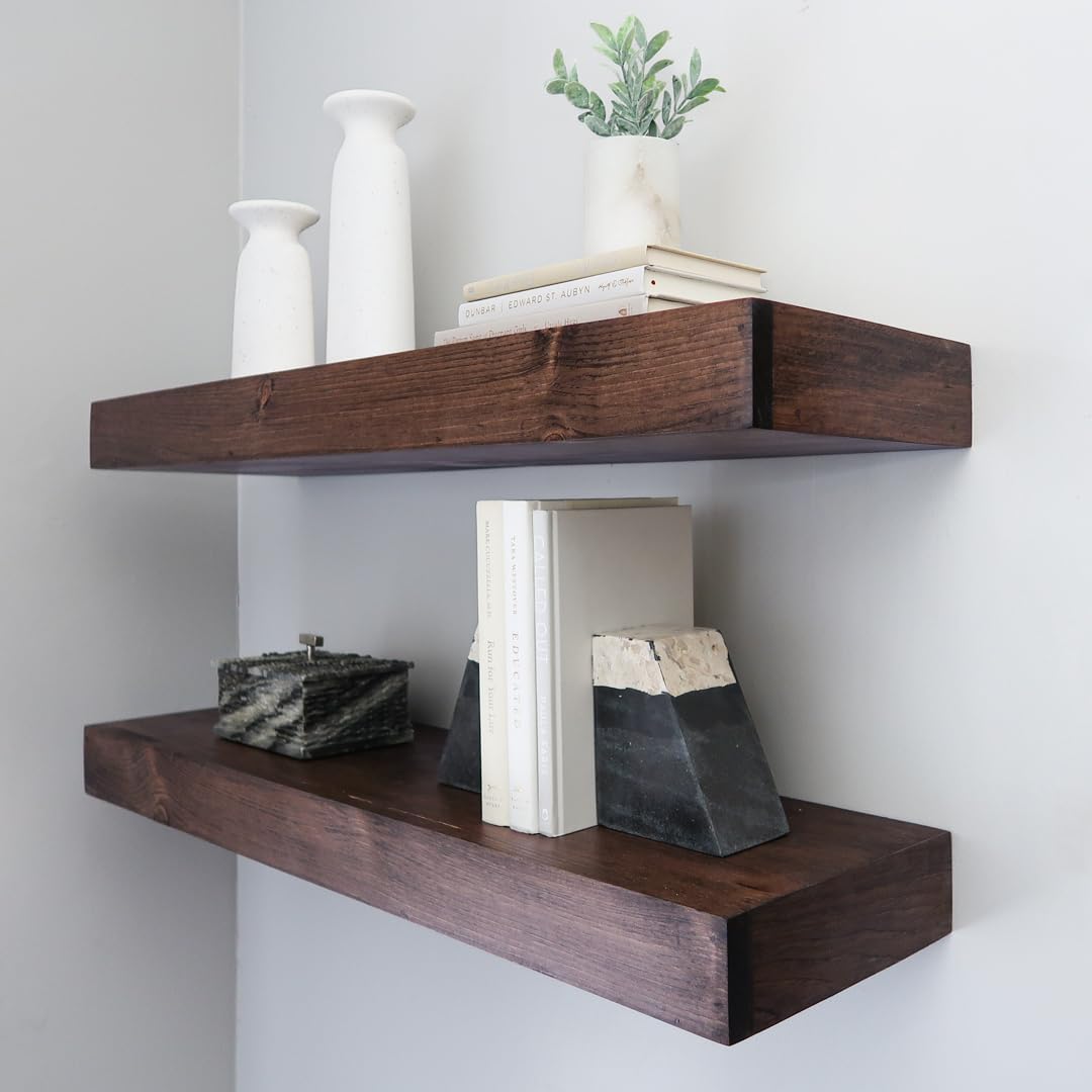 Modern Floating Shelves 3 Inches Thick for Wall, Wide Shelves for Kitchen, Living Room, Bedroom, and Bathroom, Natural Pine Wood, Rustic Wooden Shelf, (Set of 2) (Provincial, 48Lx3Hx8D)