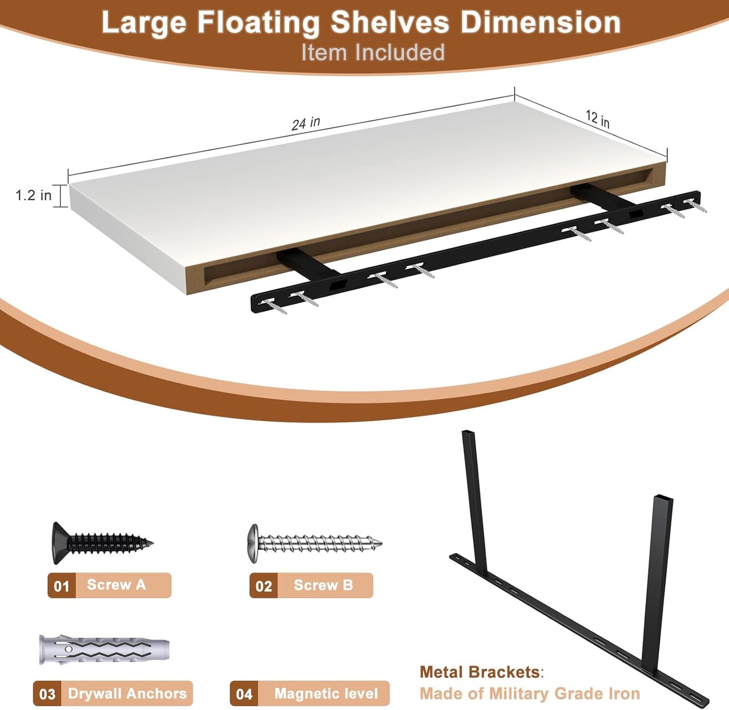 12 Inch Deep Floating Shelves for Wall 1 Pack White Floating Shelves Large Storage Space Wall Mount Shelf for Living Room Kitchen Bathroom 24" W x 12" D x 1.2" H White