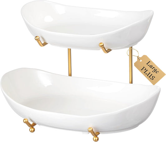 HBlife Extra Large Fruit Basket for Kitchen Counter - 2 Tier Ceramic Fruit Bowl with Metal Stand, Bathroom Countertop Organizer, Tiered Serving Trays for Party