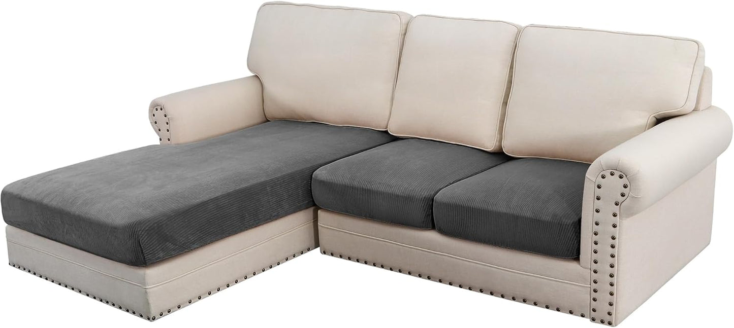 H.VERSAILTEX Velvet Stretch Sectional Couch Covers, 3 Pieces, L-Shaped with Separate Cushions - For Both Left/Right Couch Types (Large Sofa 2 Seater + Chaise, Grey Striped)