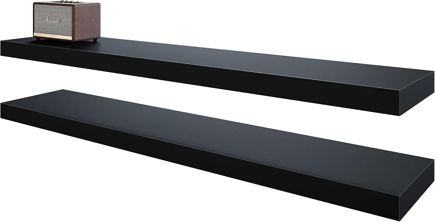 BAMEOS Floating Shelves, Black Wall Mounted Wooden Shelves with Invisible Brackets Set of 2,47 x 9