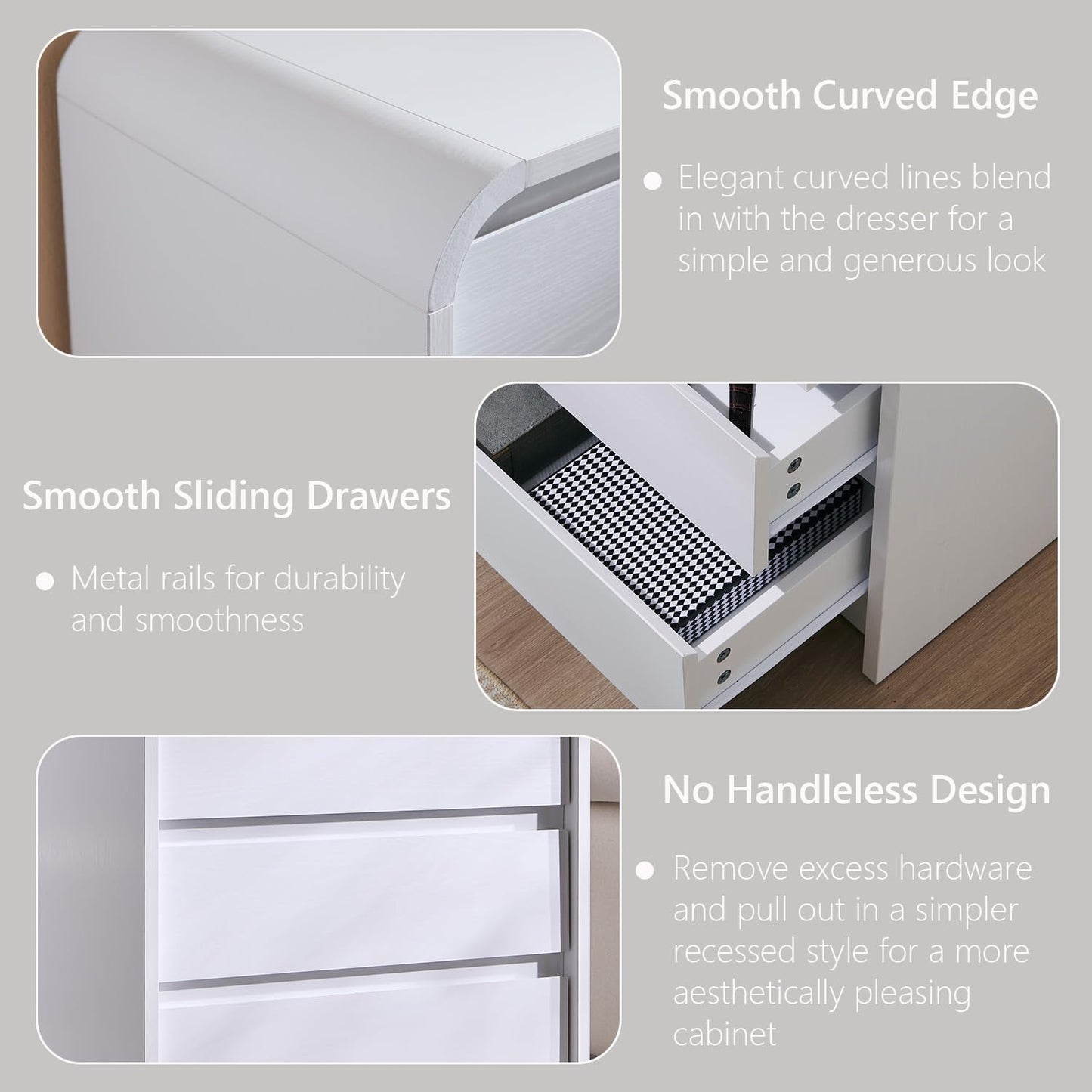 25" Tall Modern Nightstand Set of 2, 23.6" Wide Wood Bedside Table with Charging Station, 3 Storage Drawers Side Table w/Curved Profile Design, End Table for Bedroom, White