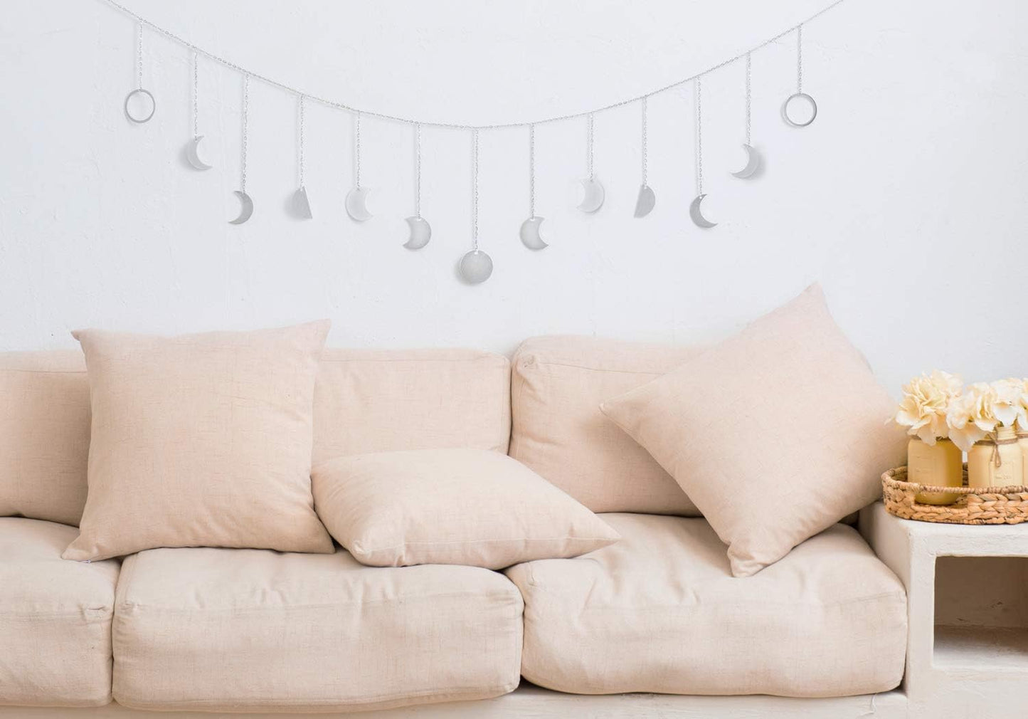 Mkono Moon Phase Wall Hanging Boho Aesthetic Room Decor Metal Moons Garland Hanging Art Bohemian Home Decoration for Girls Room Nursery Bedroom Livingroom Dorm, Ideal, Silver, 55"