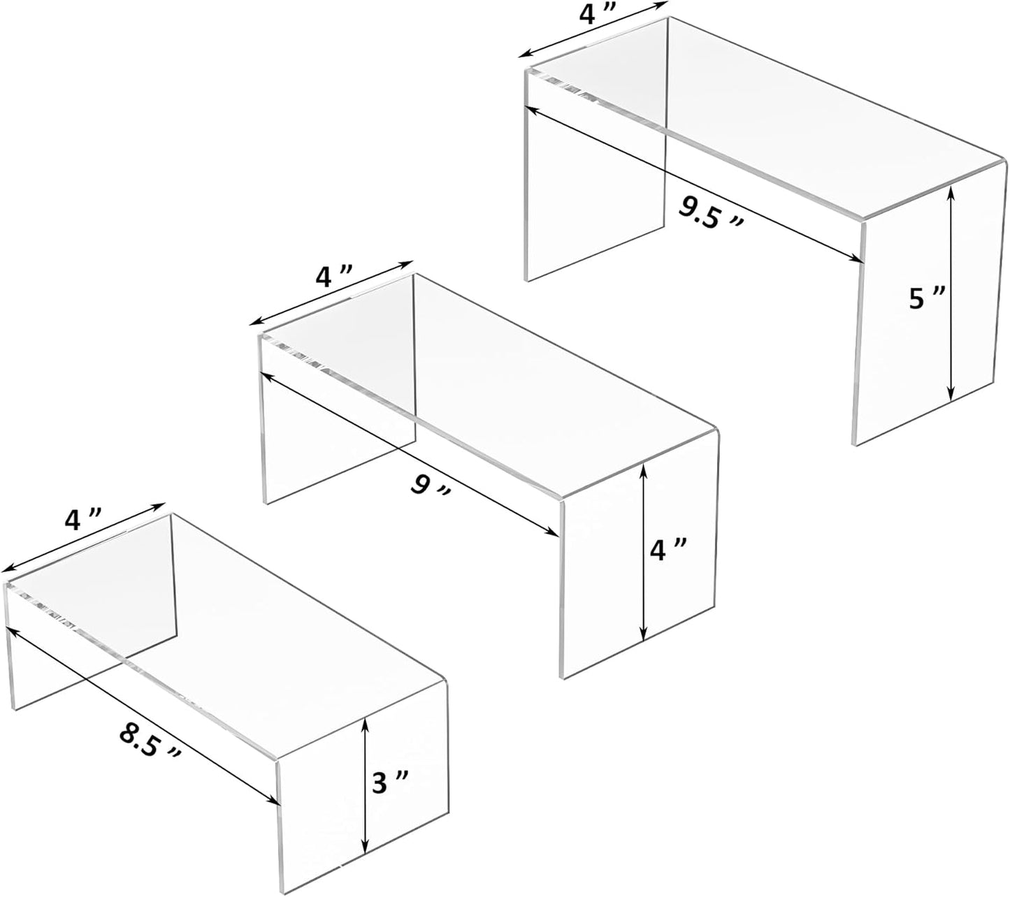 8.5x9x9.5 Inch Acrylic Risers Display Stands 3pcs, Rectangular Display Risers 3 Steps, Clear Acrylic Stand for Brand Store, Retails