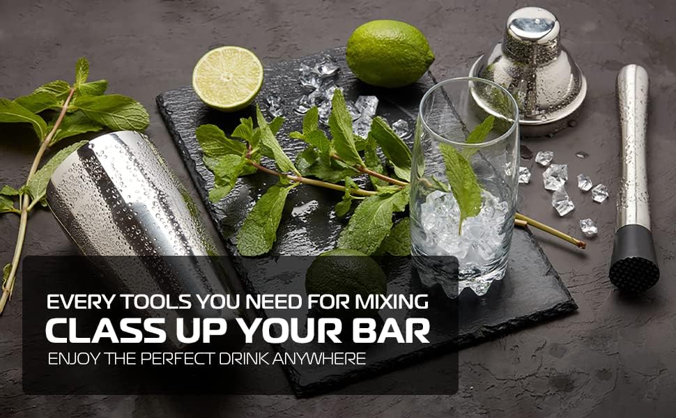 Highball & Chaser 13-Piece Cobbler Cocktail Shaker Set Stainless Steel Mixology Bartender Kit With Stand For Home Bar Cocktail Set | Laser Engraved Cocktail Tools | Plus Ebook with 30 Cocktail Recipes
