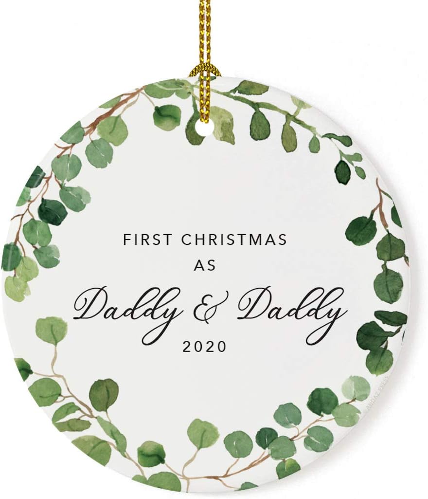 Andaz Press Custom Year Round Ceramic Porcelain Christmas Tree Ornament Keepsake Collectible Gift, First Christmas as Daddy & Daddy 2025, Farmhouse Eucalyptus Wreath, 1-PackGay Couple