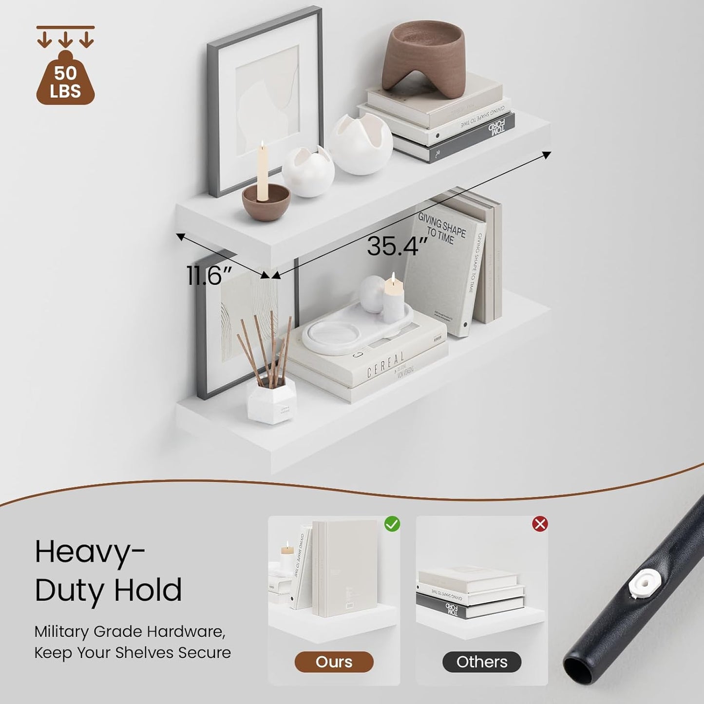 Heimlove 36 Inch Long Floating Shelf for Wall, 12" Deep White Floating Shelves Wall Shelves for Bedroom Living Room Bedroom, Wall Mounted Shelves for Storage Book Decor, Set of 2