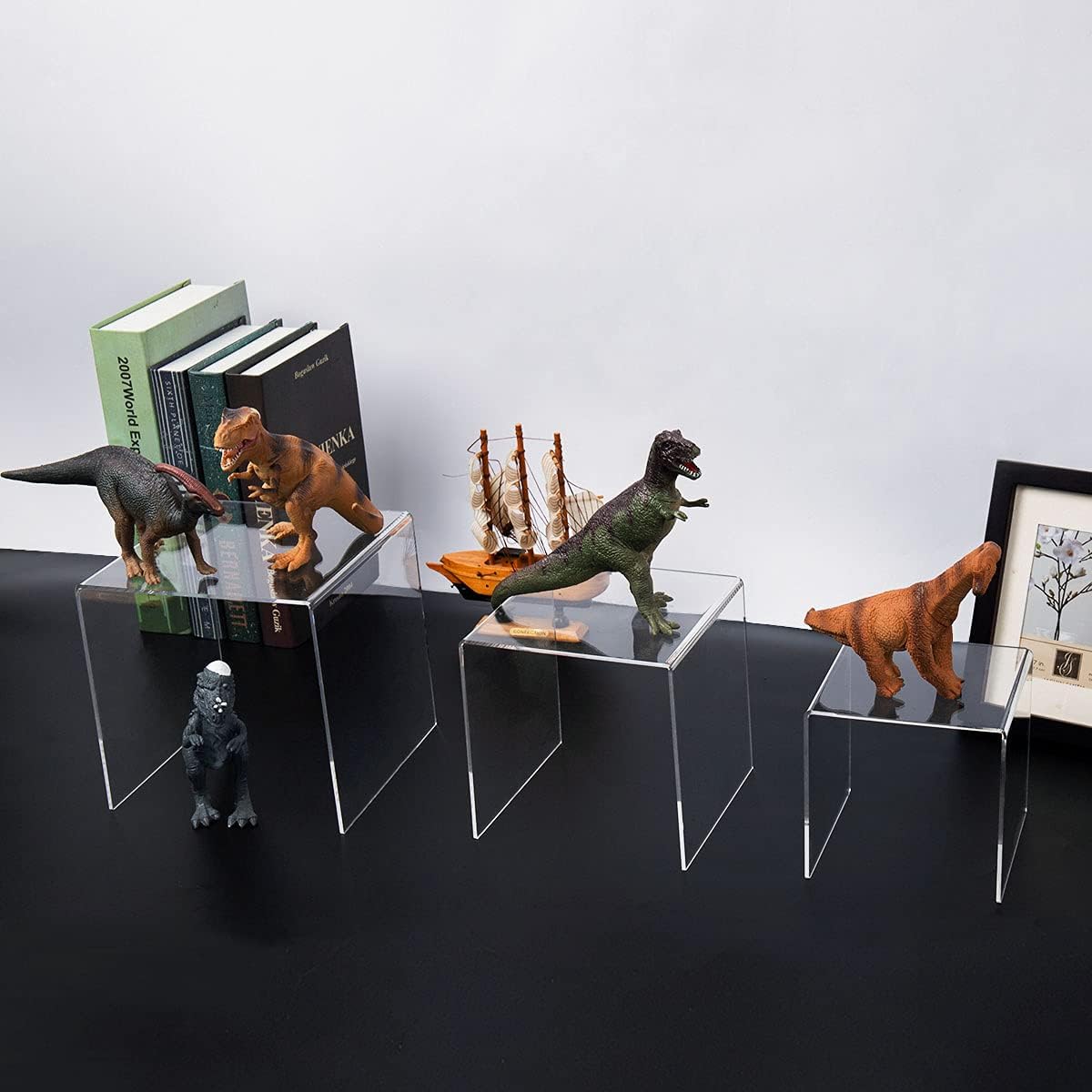 HIIMIEI Clear Acrylic Display Risers 2 Sets, 3-Tier Risers Stands Showcase for Amiibo Funko Pop Figures, Dessert, Jewelry-5"x6"x7"