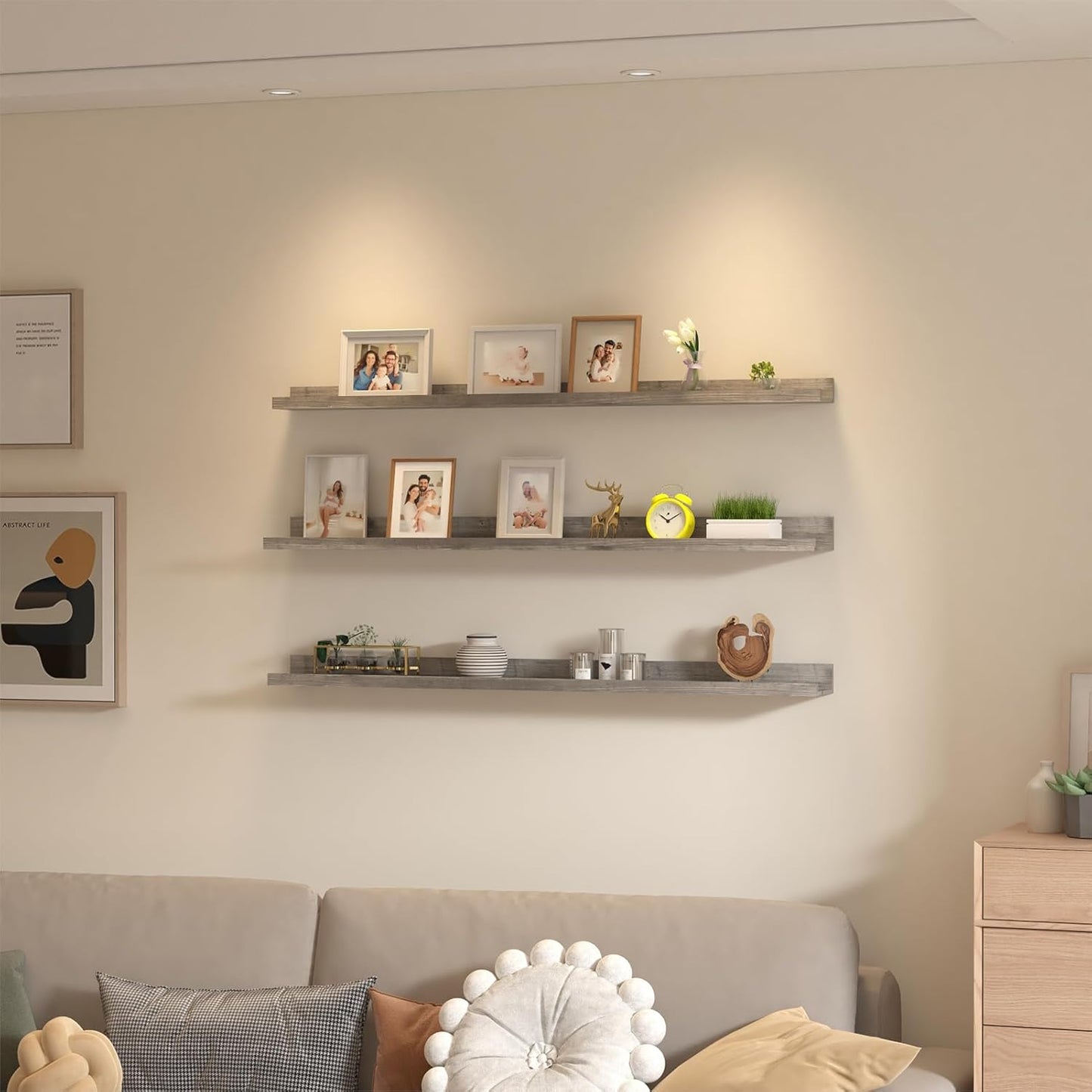 Giftgarden 47 Inch Gray Floating Shelves for Wall Mount, Grey Wood Wall Shelf Ledge for Bathroom Bedroom Living Room Kitchen Storage, Set of 3 Different Sizes