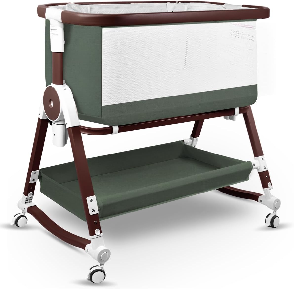 4 in 1 Baby Bassinet, Bassinets Bedside Sleeper with Wheels and Storage Basket, Adjustable 7 Heights Bedside Sleeper with Mosquito Net, Breathable Mesh Rocking Bassinet for Baby