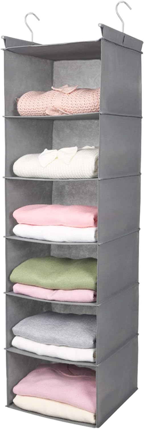 MAX Houser 6 Tier Shelf Hanging Closet Organizer, Closet Hanging Shelf with 2 Sturdy Hooks for Storage, Foldable (Light Grey)