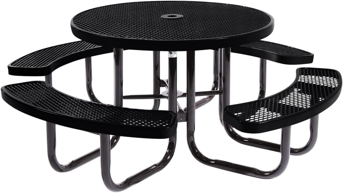 Heavy-Duty Portable Outdoor Picnic Table with Umbrella Hole, Expanded Metal Commercial-Grade Patio Dining Furniture Made in America (46" Round Top, Black)